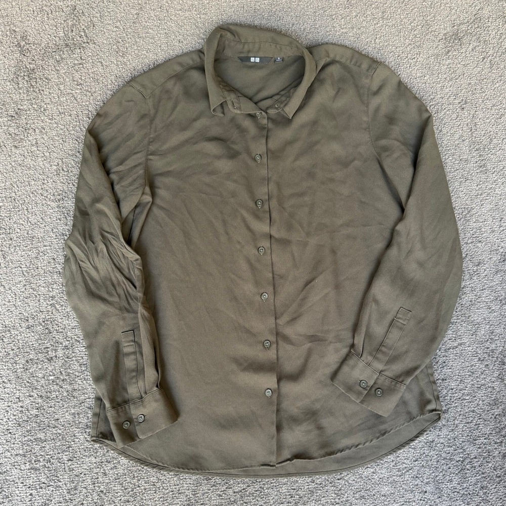 Uniqlo Womens Rayon Long Sleeve Button Down Blouse Olive Green Size S 469417